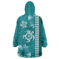 Teal Hibiscus Turle Wearable Blanket Hoodie Hawaiian Style Tribal Tapa Pattern