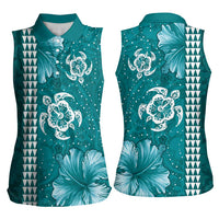 Teal Hibiscus Turle Women Sleeveless Polo Shirt Hawaiian Style Tribal Tapa Pattern