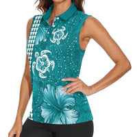 Teal Hibiscus Turle Women Sleeveless Polo Shirt Hawaiian Style Tribal Tapa Pattern