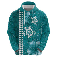 Teal Hibiscus Turle Zip Hoodie Hawaiian Style Tribal Tapa Pattern