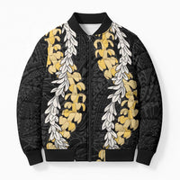 Puakenikeni and Maile Lei Bomber Puffer Jacket Black Double Strand Lei LT9 Unisex Black - Polynesian Pride