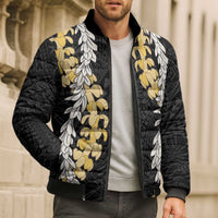 Puakenikeni and Maile Lei Bomber Puffer Jacket Black Double Strand Lei LT9 - Polynesian Pride