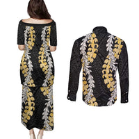 Puakenikeni and Maile Lei Couples Matching Puletasi and Long Sleeve Button Shirt Black Double Strand Lei LT9 - Polynesian Pride