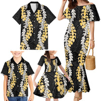 Puakenikeni and Maile Lei Family Matching Mermaid Dress and Hawaiian Shirt Black Double Strand Lei