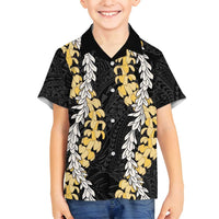Puakenikeni and Maile Lei Family Matching Off Shoulder Maxi Dress and Hawaiian Shirt Black Double Strand Lei
