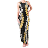 Puakenikeni and Maile Lei Family Matching Tank Maxi Dress and Hawaiian Shirt Black Double Strand Lei