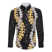 Puakenikeni and Maile Lei Long Sleeve Button Shirt Black Double Strand Lei