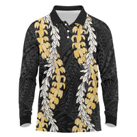 Puakenikeni and Maile Lei Long Sleeve Polo Shirt Black Double Strand Lei LT9 Black - Polynesian Pride