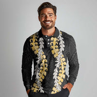 Puakenikeni and Maile Lei Long Sleeve Polo Shirt Black Double Strand Lei LT9 - Polynesian Pride