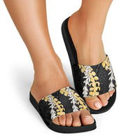 Puakenikeni and Maile Lei Slide Sandals Black Double Strand Lei - Polynesian Pride