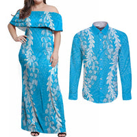 Puakenikeni and Maile Lei Couples Matching Off Shoulder Maxi Dress and Long Sleeve Button Shirt Blue Double Strand Lei