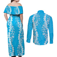 Puakenikeni and Maile Lei Couples Matching Off Shoulder Maxi Dress and Long Sleeve Button Shirt Blue Double Strand Lei