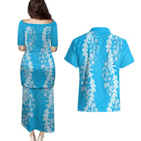 Puakenikeni and Maile Lei Couples Matching Puletasi and Hawaiian Shirt Blue Double Strand Lei LT9 - Polynesian Pride