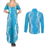 Puakenikeni and Maile Lei Couples Matching Summer Maxi Dress and Long Sleeve Button Shirt Blue Double Strand Lei LT9 - Polynesian Pride