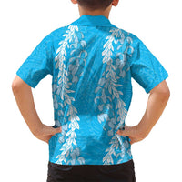 Puakenikeni and Maile Lei Family Matching Long Sleeve Bodycon Dress and Hawaiian Shirt Blue Double Strand Lei