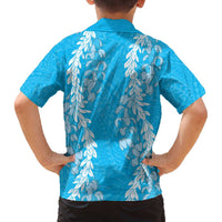 Puakenikeni and Maile Lei Family Matching Off The Shoulder Long Sleeve Dress and Hawaiian Shirt Blue Double Strand Lei
