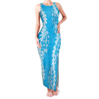 Puakenikeni and Maile Lei Family Matching Tank Maxi Dress and Hawaiian Shirt Blue Double Strand Lei
