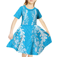 Puakenikeni and Maile Lei Kid Short Sleeve Dress Blue Double Strand Lei LT9 - Polynesian Pride