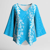 Puakenikeni and Maile Lei Kimono Sleeve Blouse Blue Double Strand Lei LT9 Female Blue - Polynesian Pride
