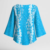 Puakenikeni and Maile Lei Kimono Sleeve Blouse Blue Double Strand Lei LT9 - Polynesian Pride