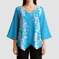 Puakenikeni and Maile Lei Kimono Sleeve Blouse Blue Double Strand Lei LT9 - Polynesian Pride