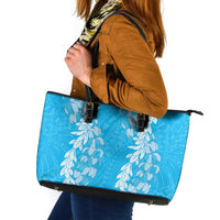 Puakenikeni and Maile Lei Leather Tote Bag Blue Double Strand Lei