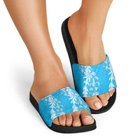 Puakenikeni and Maile Lei Slide Sandals Blue Double Strand Lei - Polynesian Pride