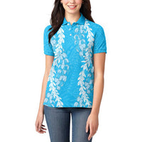 Puakenikeni and Maile Lei Women Polo Shirt Blue Double Strand Lei LT9 - Polynesian Pride