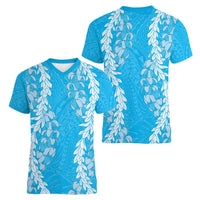 Puakenikeni and Maile Lei Women V-Neck T-Shirt Blue Double Strand Lei