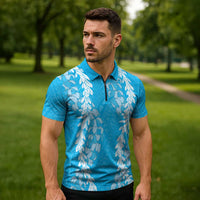 Puakenikeni and Maile Lei Zipper Polo Shirt Blue Double Strand Lei LT9 - Polynesian Pride