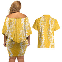 Puakenikeni and Maile Lei Couples Matching Off Shoulder Short Dress and Hawaiian Shirt Gold Double Strand Lei