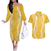 Puakenikeni and Maile Lei Couples Matching Off The Shoulder Long Sleeve Dress and Hawaiian Shirt Gold Double Strand Lei