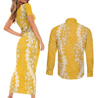 Puakenikeni and Maile Lei Couples Matching Short Sleeve Bodycon Dress and Long Sleeve Button Shirt Gold Double Strand Lei