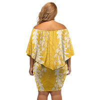 Puakenikeni and Maile Lei Family Matching Off Shoulder Short Dress and Hawaiian Shirt Gold Double Strand Lei