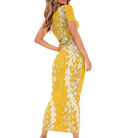 Puakenikeni and Maile Lei Family Matching Short Sleeve Bodycon Dress and Hawaiian Shirt Gold Double Strand Lei