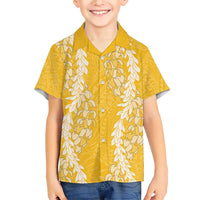 Puakenikeni and Maile Lei Family Matching Short Sleeve Bodycon Dress and Hawaiian Shirt Gold Double Strand Lei