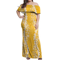 Puakenikeni and Maile Lei Off Shoulder Maxi Dress Gold Double Strand Lei LT9 Women Gold - Polynesian Pride