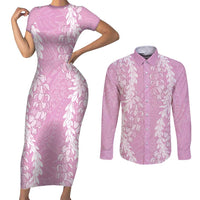 Puakenikeni and Maile Lei Couples Matching Short Sleeve Bodycon Dress and Long Sleeve Button Shirt Pink Double Strand Lei