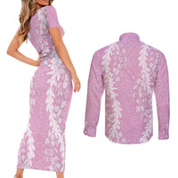 Puakenikeni and Maile Lei Couples Matching Short Sleeve Bodycon Dress and Long Sleeve Button Shirt Pink Double Strand Lei
