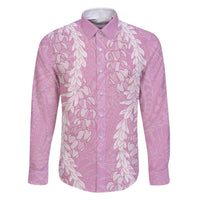 Puakenikeni and Maile Lei Family Matching Off The Shoulder Long Sleeve Dress and Hawaiian Shirt Pink Double Strand Lei