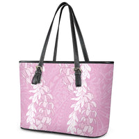 Puakenikeni and Maile Lei Leather Tote Bag Pink Double Strand Lei