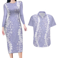Puakenikeni and Maile Lei Couples Matching Long Sleeve Bodycon Dress and Hawaiian Shirt Purple Double Strand Lei