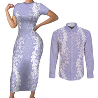Puakenikeni and Maile Lei Couples Matching Short Sleeve Bodycon Dress and Long Sleeve Button Shirt Purple Double Strand Lei
