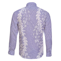 Puakenikeni and Maile Lei Family Matching Off The Shoulder Long Sleeve Dress and Hawaiian Shirt Purple Double Strand Lei