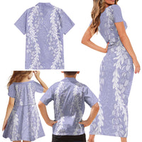 Puakenikeni and Maile Lei Family Matching Short Sleeve Bodycon Dress and Hawaiian Shirt Purple Double Strand Lei