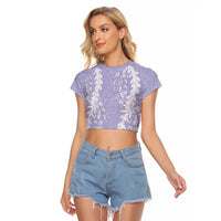 Puakenikeni and Maile Lei Raglan Cropped T Shirt Purple Double Strand Lei