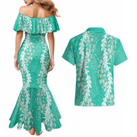 Puakenikeni and Maile Lei Couples Matching Mermaid Dress and Hawaiian Shirt Sage Green Double Strand Lei
