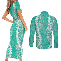 Puakenikeni and Maile Lei Couples Matching Short Sleeve Bodycon Dress and Long Sleeve Button Shirt Sage Green Double Strand Lei