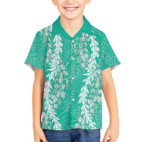 Puakenikeni and Maile Lei Family Matching Off The Shoulder Long Sleeve Dress and Hawaiian Shirt Sage Green Double Strand Lei