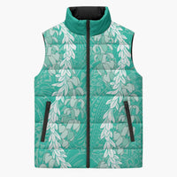 Puakenikeni and Maile Lei Sleeveless Puffer Jacket Sage Green Double Strand Lei LT9 Unisex Sage Green - Polynesian Pride